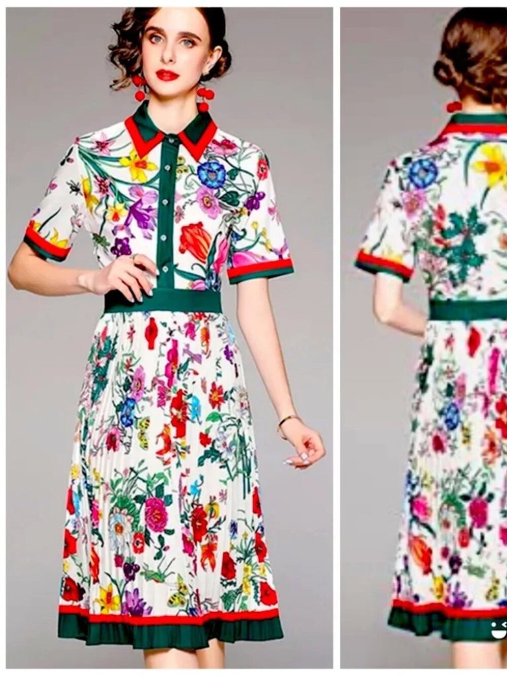 NWT Dalia MacPhee Floral Collard Midi Dress Button Pleated